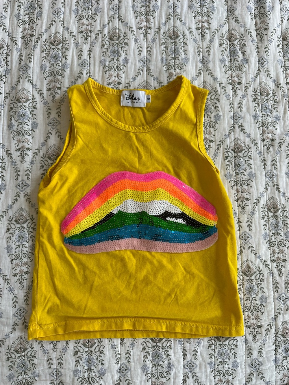 Lola + The Boys Yellow Tank Top with Pink Orange Sequin Rainbow
